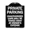 Signmission Private Parking Unauthorized Cars Towed Away Owners Expense Alum Sign, 18" L, 24" H, BW-1824-23261 A-DES-BW-1824-23261 - alternate 1